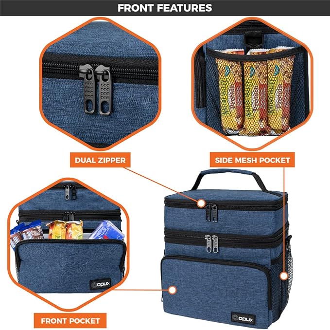 opux Insulated Lunch Bag for Men Women, Large Dual Compartment Cooler Bag, Soft Two Deck Lunch Box for Work School Picnic, Leakproof Lunch Tote with Shoulder Strap for Kid Adult (Navy, Double Deck)