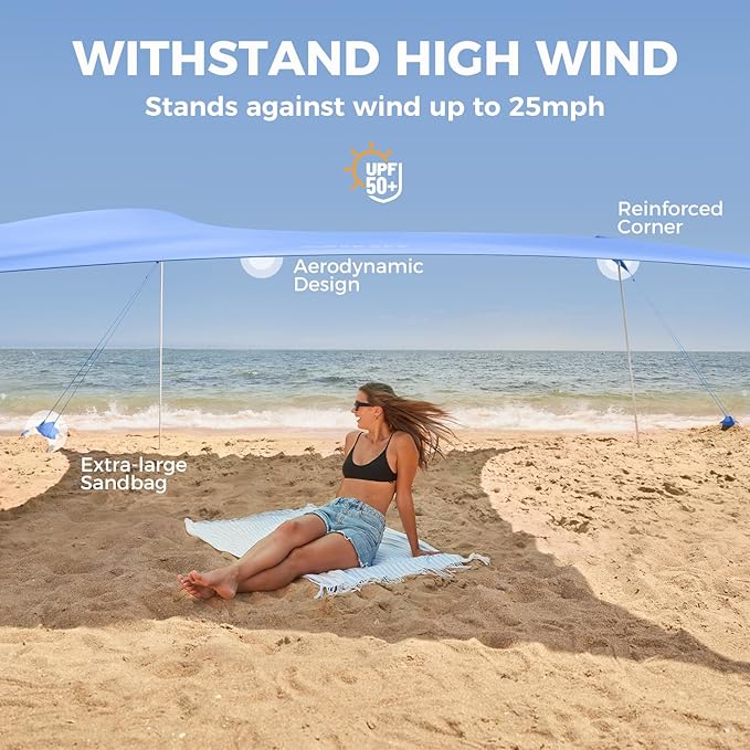 WEKAPO Beach Tent Sun Shelter - Easy Setup Beach Canopy with 4 Sturdy Poles, Large Sandbags and Shovel, 6'7'' Tall, Windproof Sun Shade for Backyard and Camping, UPF 50+ Protection