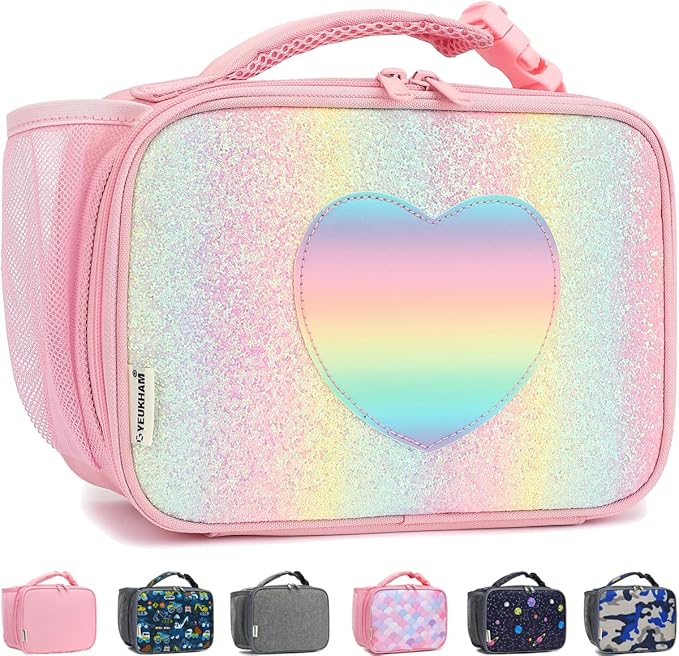 Insulated Lunch Box for School, Thermal Reusable Durable Freezable Lunch Bags for Kids Boys Girls Men Women - Small Soft Cooler Portable Lunch Tote Kit for Work Picnic Travel,Rainbow Glitter