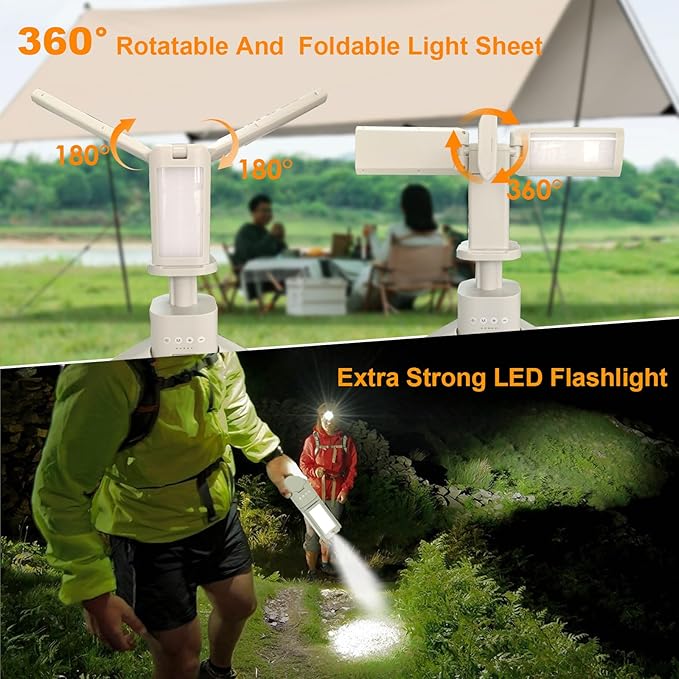 Rechargeable LED Camping Light, Telescopic Portable Work Light with 14000mAh Battery & Flashlight & 4 Panels & Magnetic Stand, Stepless Dimmable Camping Lantern for Outdoor, Power Outage, Emergency