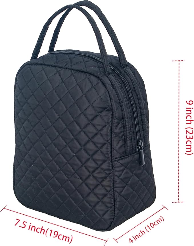 Machine Washable Women Quilted Fabric Insulated Reusable Cooler Lunch Bag Tote Adult Thermal Lunch Box Storage Bag for Ｗork (Black)