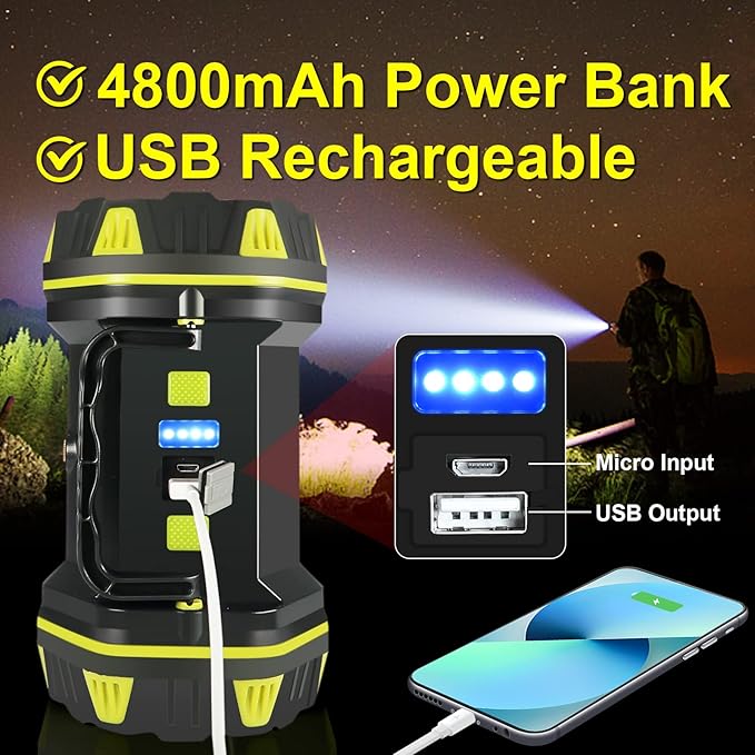 LED Camping Lantern Flashlight Spotlight Rechargeable Portable Super Bright Outdoor Emergency Light Searchlight Lamp Waterproof for Hiking Fishing Working Power Outages Hurricane