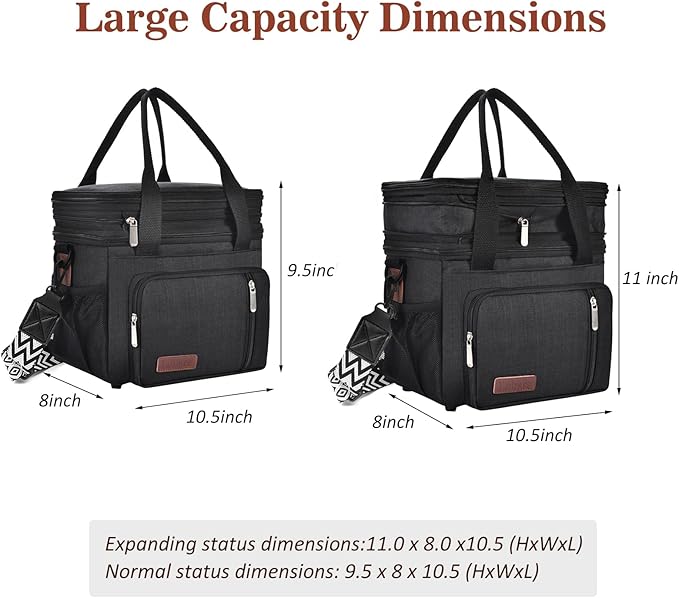 LOKASS Lunch Box for Men/Women-16L-Insulated Lunch Bag, Expandable Double-layer Leakproof Cooler Bag with Upgrade Adjustable Shoulder Strap Ideal for Work/Travel/Picnics（Black）