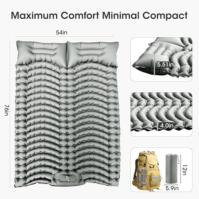 Double Sleeping Pad Self-Inflating 4" Thick for 2 Person Camping - Built-in Foot Pump, Ergonomic Pillow & Ultra-Portable Design for Backpacking, Hiking, Tent Use