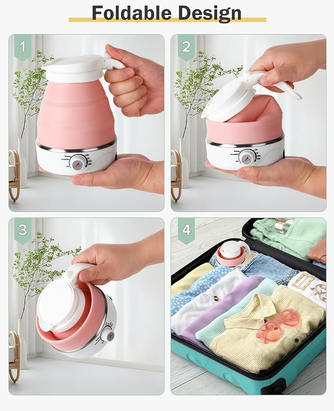 Portable Electric Travel Kettle, 600ml Collapsible Silicone Kettle with Temperature Adjustment Function for Camping, Hotels and Travel