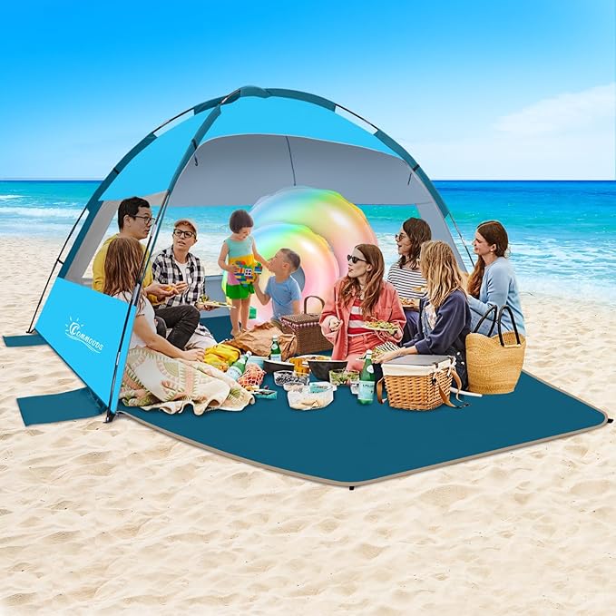 COMMOUDS Beach Tent Sun Shade for 3/4-5/6-7/8-10 Person, UPF 50+ Beach Sun Shelter Canopy Tent, Lightweight, Easy Set Up and Carry