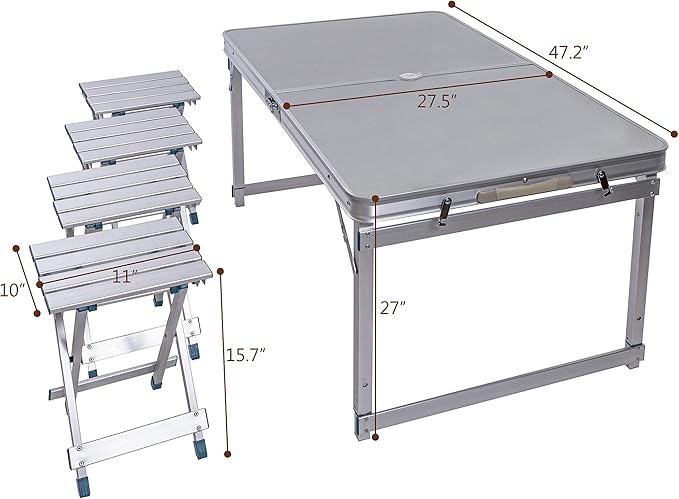 Trademark Innovations 47.2" 4 Person Aluminum Lightweight Folding Camp Table with 4 Folding Stools