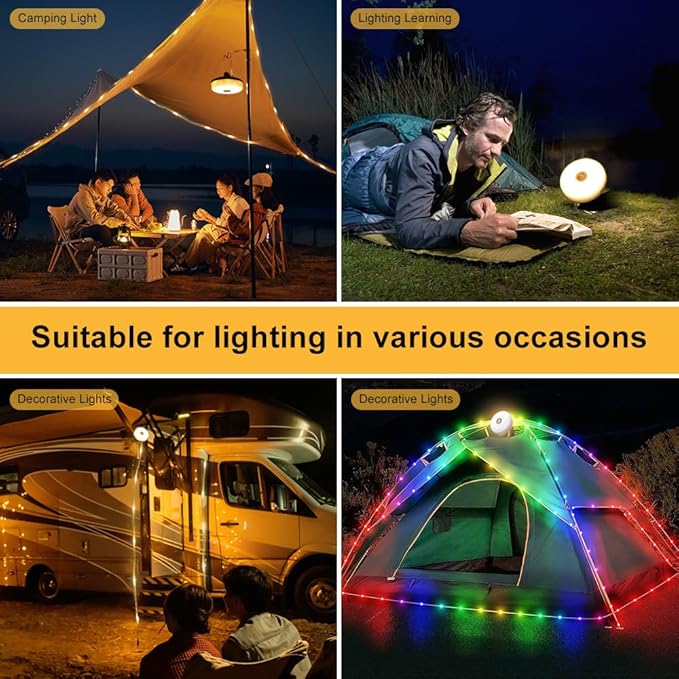 Camping String Lights - 4 in 1 Outdoor Lights with 8 Lighting Modes, USB Charge & Battery Indicator, Durable & Waterproof for Camping Yard Hiking, Portable & Easy-to-Store (32.8ft)
