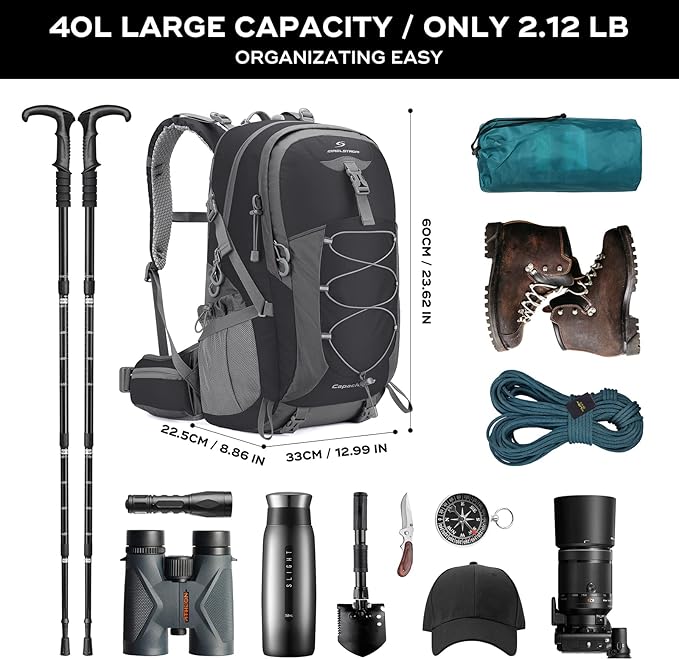 Maelstrom Hiking Backpack,Camping Backpack,40L Waterproof Hiking Daypack with Rain Cover,Lightweight Travel Backpack,Black