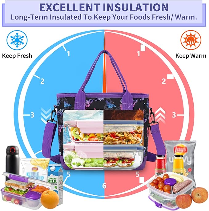 Lunch Bags for Women,VONXURY lnsulated Thermal Adult Lunch Box Large High-capacity Cooler Lunch Tote with Detachable Shoulder Strap for Work College Travel Picnic (Black Butterfly)