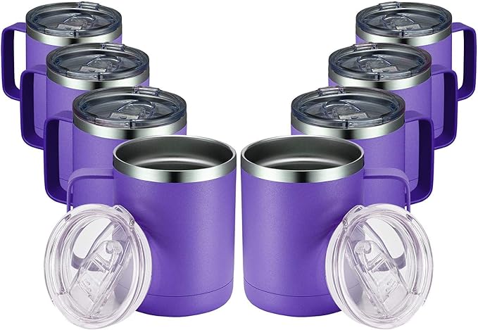 MEWAY 12oz Coffee Mug With Handle 8 Pack Bulk,Stainless Steel Insulated Travel Tumblers With Sliding Lid,Double Wall Vacuum Camping Cup for Hot & Cold Drinks Tea (Purple,Set of 8)