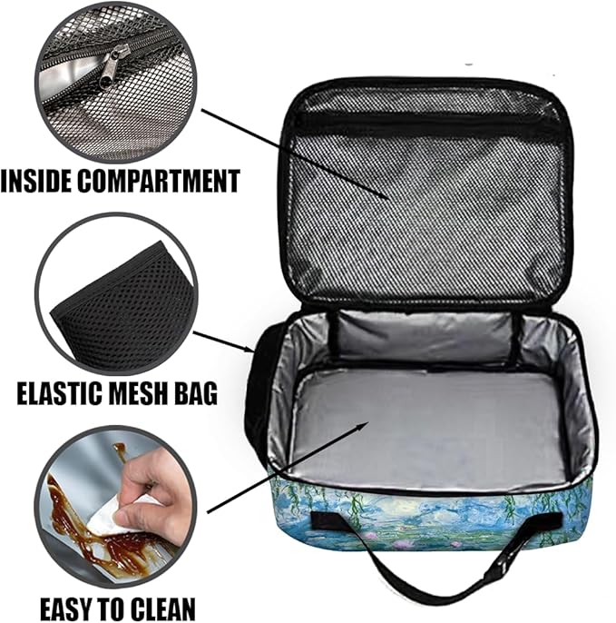 Claude Monet Lunch Bag Reusable Insulated Waterlily Lunch Box Keep Food Cooler Thermal Lunch Tote for Women Men