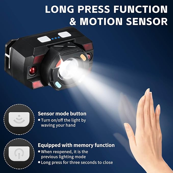 Headlamp Flashlight, 500 Lumen Ultra-Light Bright LED Rechargeable Headlight with White Red Bule Light,2-Pack Waterproof Motion Sensor Head Lamp,10 Modes for Outdoor Camping Running Hiking Fishing