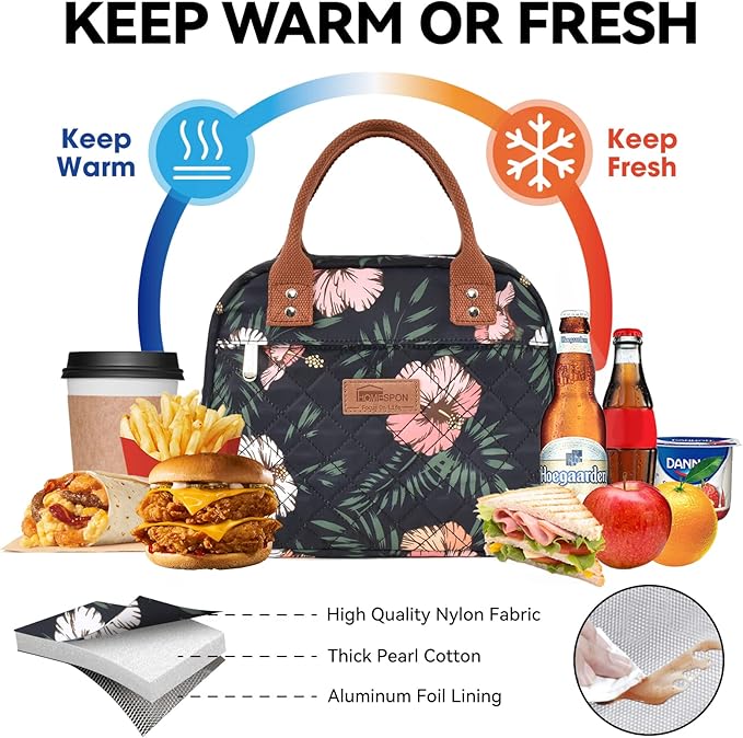 HOMESPON Insulated Lunch Bag for Women Men Adults Lunch Tote with Front Pocket Lunch Box Container Cooler Bag for Work Picnic (Floral)