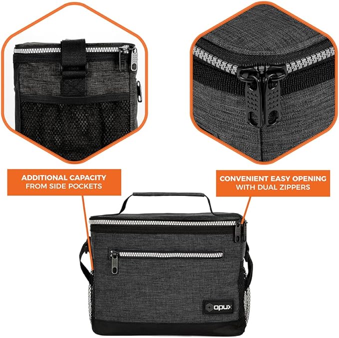 opux Insulated Lunch Box Men Women, Lunch Bag for Work School, Leakproof Soft Cooler Tote Adult, Large Lunch Pail Kids Boys Girls, Picnic Beach Food Bag with Shoulder Strap, Charcoal