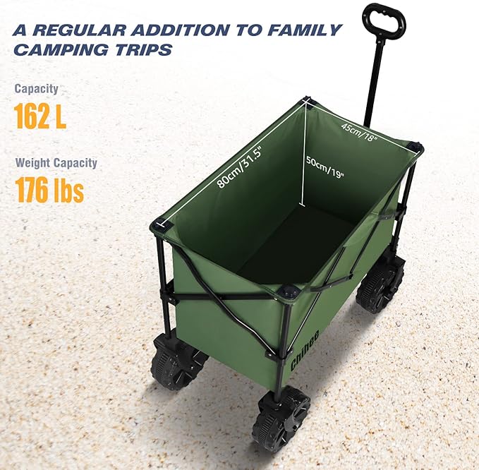 Chihee Folding Beach Wagon Cart, Army-Green, Large Capacity, Removable Fabric, Portable, Lightweight, with Braking System, for All-Terrain Wheels, Ideal for Camping Trips