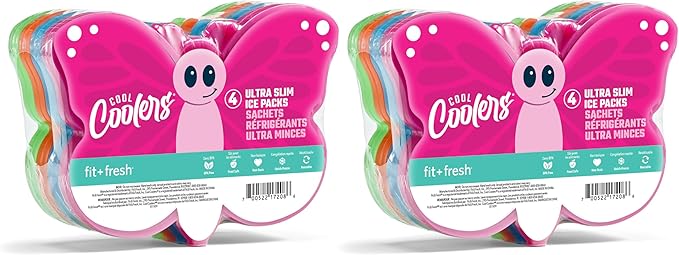 Fit & Fresh Cool Coolers Kids Lunch Box Ice Packs, Slim Ice Packs for Lunch Bags, Lunch Ice Packs Reusable-Multicolored 8 Pack Butterfly