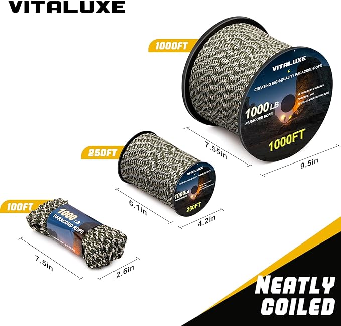 1000lb Paracord Rope, 4mm 12 Triple Strands Paracord, Heavy Duty Tactical Parachute Cord for Survival Gear, Camping, Hiking, and Ideal for Bracelets, Lanyards, Type III