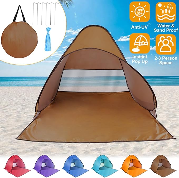 Pop Up Beach Tent for 2-3 Person, UPF50+ Anti-UV Sun Shelter w/Storage Bag, Portable Waterproof Instant Sun Shade Canopy for Outdoor Beach Camping Hiking Travel Family, Coffee