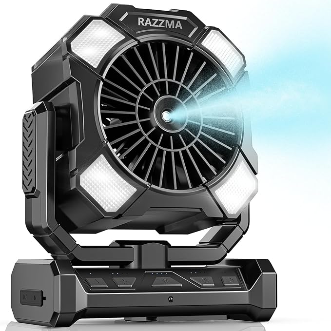 Portable Misting Fan, Camping Fans with Remote, 24000mAh Rechargeable Battery Cooling Fan for Outdoors Patios, Rechargeable Fans 270° Adjustable, Hanging & Lighting for Outdoor Indoor cooling