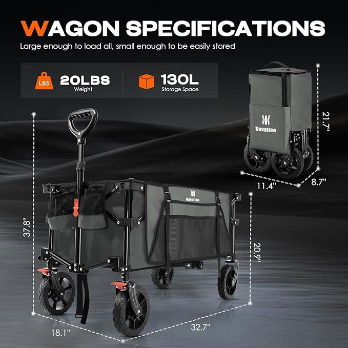 Navatiee Collapsible Folding Wagon, Heavy Duty Utility Beach Wagon Cart with Side Pocket and Brakes, Large Capacity Foldable Grocery Wagon for Garden Sports Outdoor Use, S1, Gray