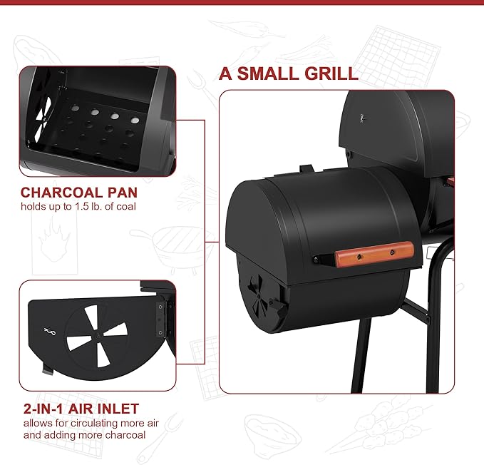 Royal Gourmet CC1830W 30-Inch Charcoal Grill with Offset Smoker and Wood-Painted Side Table, Outdoor Smoker Grill with 811 Sq. In. Cooking Area for Outdoor Barbecue Event, Black