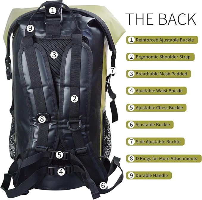 SEPEAK Waterproof Dry Bag Backpack IPX6, Roll-Top Closure Bag 55L Boating & Kayak Accessories - Essentials for Camping Swimming Beach Fishing Rafting Travel,Green