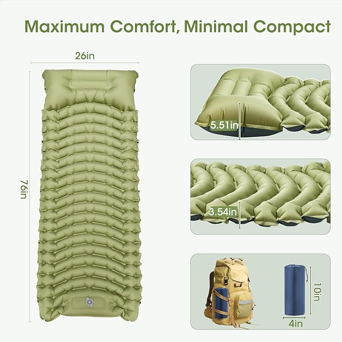 Sleeping Pad for Camping, Self Inflating Sleeping Pad Extra Thick Sleeping Mat with Pillow Built-in Foot Pump, Ultralight Inflatable Sleeping Pads Connectable Air Mattress for Backpacking