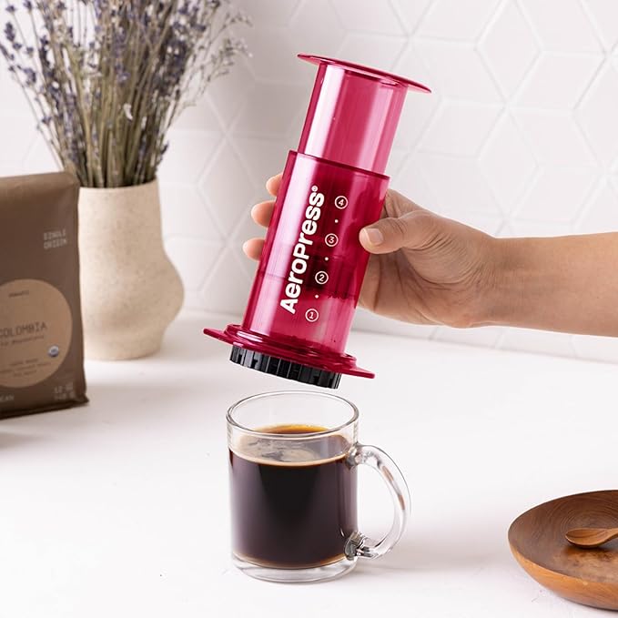 AeroPress Clear Pink Coffee Press - All-in-One French Press, Pour-Over & Espresso Style Manual Brewer, 2 Min Brew for Less Bitterness, More Flavor, Small Portable Coffee Maker, Travel & Camping