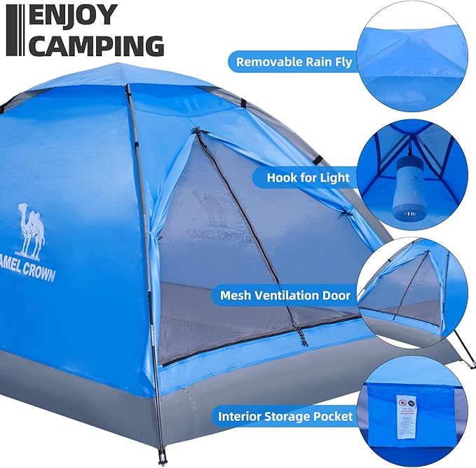CAMEL CROWN 2/3/4 Person Camping Tent with Removable Rain Fly, Easy Setup Outdoor Tents Water Resistant Lightweight Portable for Family Backpacking Camping Hiking Traveling