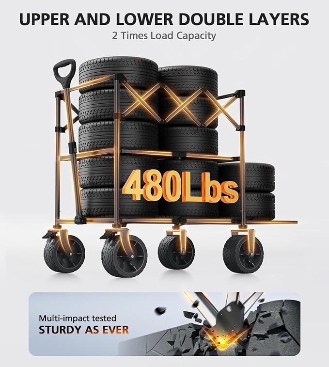 Foldable Wagon Cart,Everyfun 480Lbs Double Decker Wagon,Beach Carts with Big Wheels&Side Pocket&Dustbag,Large Capacity Folding Wagon for Shopping,Garden,Camping,Fish,New Wave Sports Wagon-Ivory Black