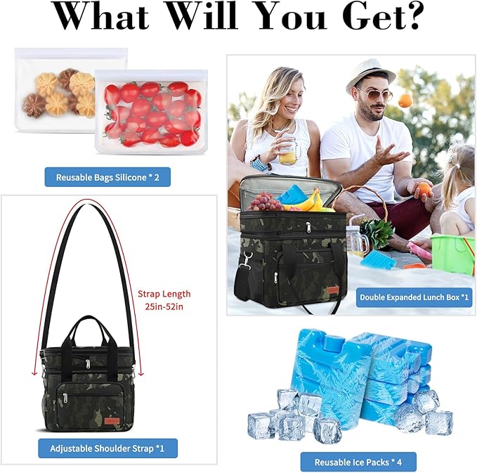 23L Extra Large Expandable Insulated Cooler Lunch Box for Men Double Deck Leakproof Heavy Duty Lunch Bag with 4 Ice Packs&2 Snack Bags for Adult/Construction/Women/Work/Picnic/Camping - Camouflage