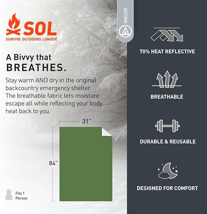 SOL Escape Bivvy with Hood - Emergency Preparedness Blanket - Reflects Up to 70% Body Heat - Outdoor Survival Bivvy - Water Resistant - Durable & Breathable - Winter Camping Supplies - Green