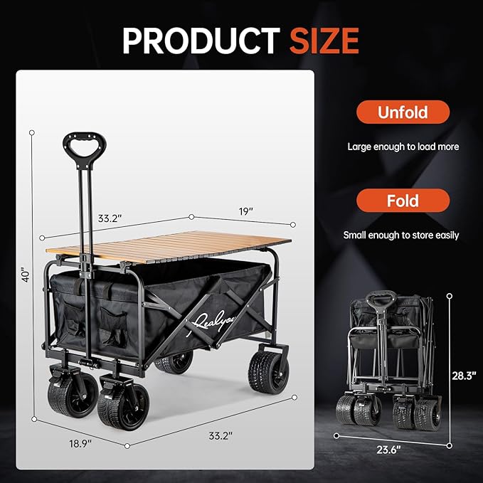 Collapsible Wagon Cart Foldable with Portable Desk Board, Foldable Wagon with Flexible Handle, Portable Folding Utility Grocery Shopping Cart for Grocery Sports Garden Camping