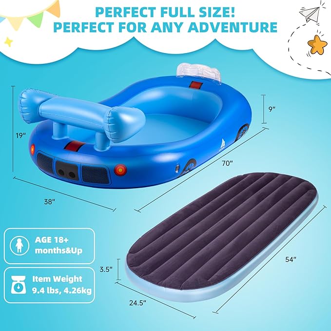 Inflatable Kids Travel Bed with Avocado Hugging Pillow, Lightweight Portable Raised Sides Racecar Toddler Air Mattress, Kids Blow Up Mattress for Home, Hotel, Camping Use, 300 lbs Max
