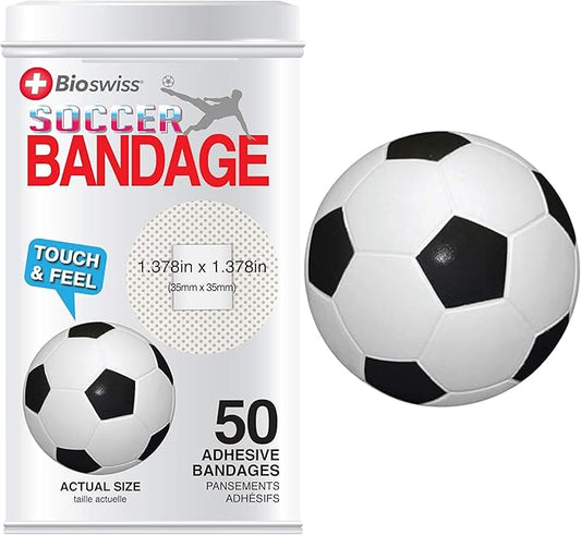 BioSwiss Bandages, Soccer Ball Shaped Self Adhesive Bandage, Latex Free Sterile Wound Care, Fun First Aid Kit Supplies for Kids, 50 Count