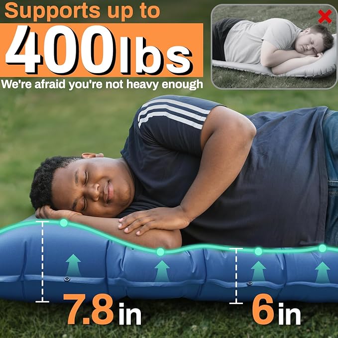 Sleeping Pad, 6 Inch Sleeping Mat Camping Self Inflating Sleeping Pad for Camping with Pillow Built-in Foot Pump, Ultralight Sleeping Pad Backpacking for Travel Hiking Tent Outdoor Adventure Camp Gear