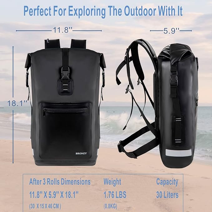 Waterproof Backpack Waterproof Bag Dry Bags 30L Roll Top Closure Travel Bags For Kayaking Camping Boating Hiking Beach (Black)