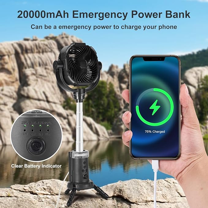 Odoland 20000mAh Camping Fan with Lantern, 360° Oscillation Table fan with Remote & Hook, Rechargeable Battery Operated Outdoor Power Fan with Light for Camp, Family Travel and Jobsite, Black