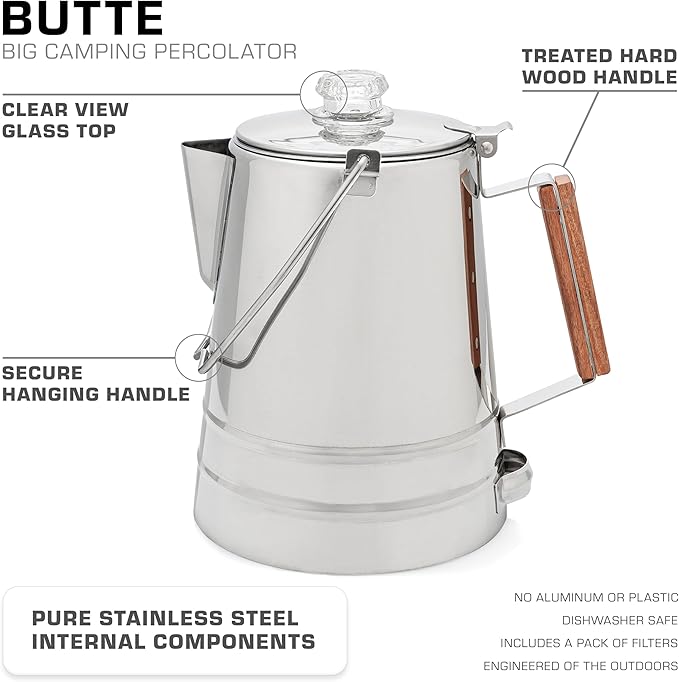 COLETTI Butte Coffee Percolator Camping — Percolator Coffee Pot, NO Aluminum or Plastic [14 Cup]
