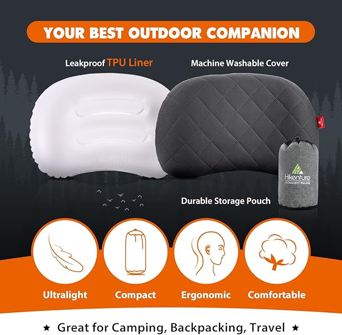 Hikenture Inflatable Pillow for Camping, Washable Backpacking Pillow for Sleeping, Ultralight Blow Up Pillows with Removable Cover, Portable&Compact Hiking Pillow for Beach, Travel, Outdoor(Grey)