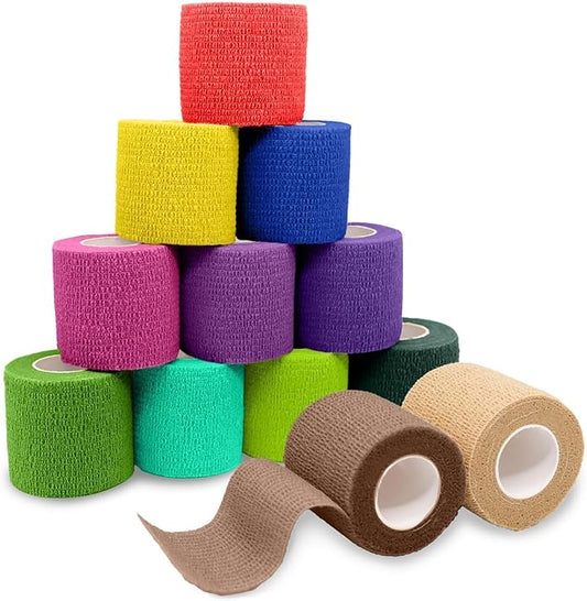 FriCARE Self Adhesive Bandage Wrap, Medical Tape in First Aid Kit, Cohesive Bandages for Wounds Sport Vet, FSA/HSA Eligible, 2 Inches X 5 Yards 12 Rolls, Palette