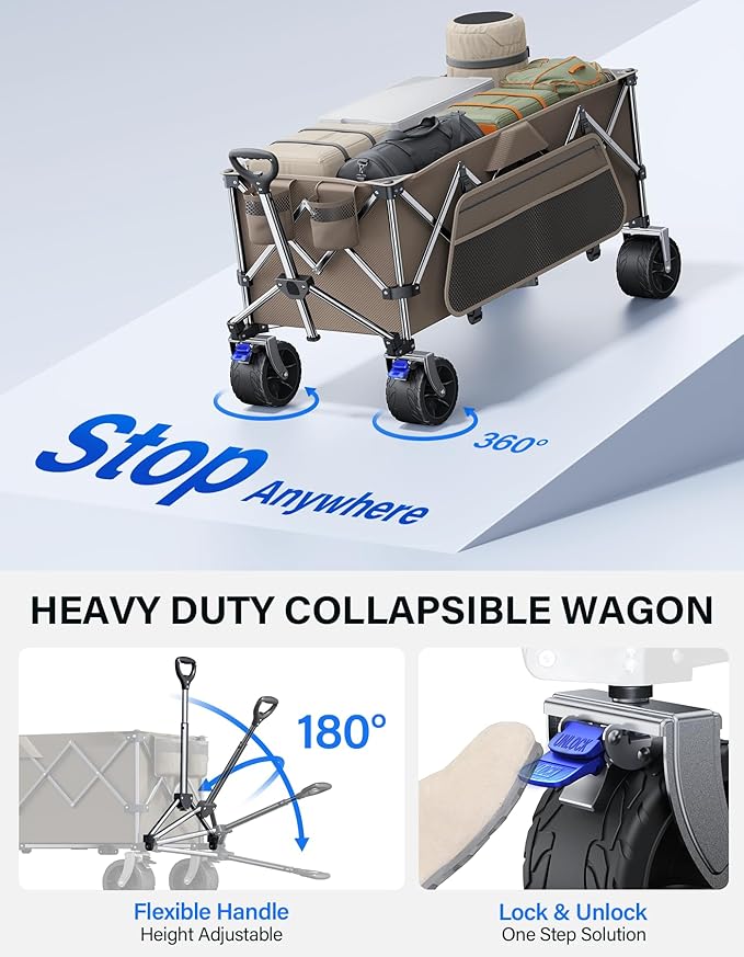 Collapsible Wagon, 440 lbs Foldable Utility Wagon Cart with Big Wheels, Heavy Duty Folding Wagon for Beach/Garden/Camping/Grocery-Brown