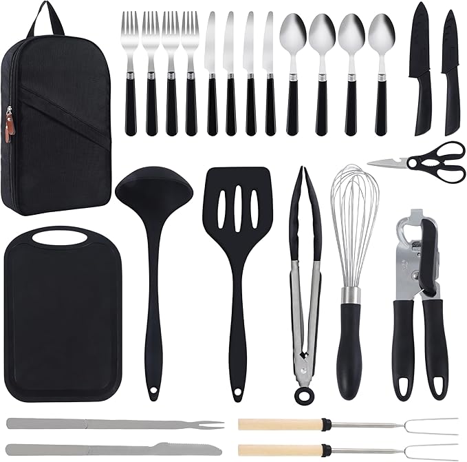 Camping Essentials Cooking Utensils Set, 26/32Pcs Outdoor Camping Kitchen Cookware Stainless Steel Accessories Set Camping Gear Must Haves Grilling and Camping Cooking Utensils Set