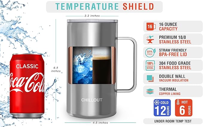 CHILLOUT LIFE Stainless Steel Vacuum Insulated Coffee Mug 16 oz (Set of 2) with Handle and Lid, Large Thermal Camping Coffee Mugs with Sliding Lid for Men & Women, Keeps Your Beverages Hot & Cold