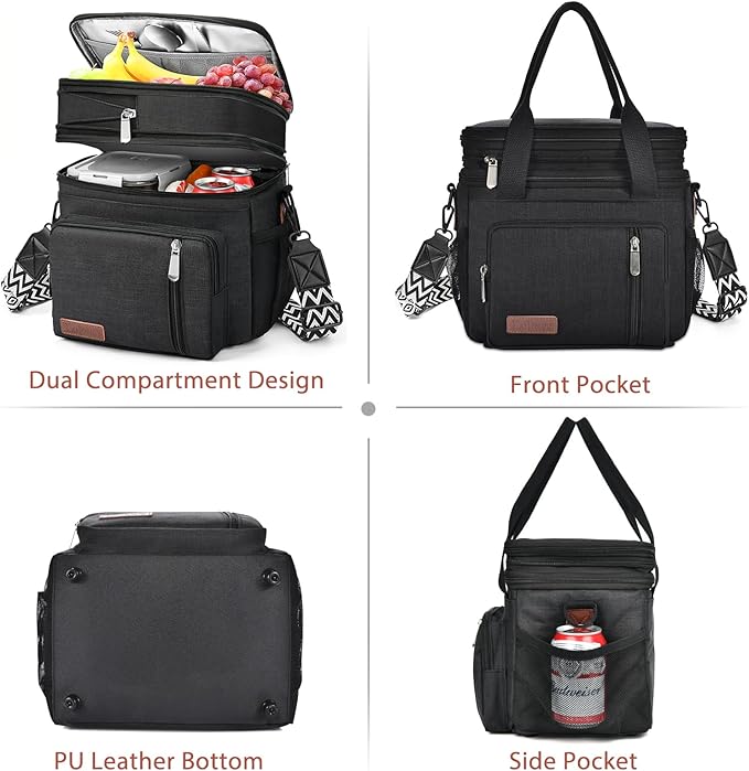 LOKASS Lunch Box for Men/Women-16L-Insulated Lunch Bag, Expandable Double-layer Leakproof Cooler Bag with Upgrade Adjustable Shoulder Strap Ideal for Work/Travel/Picnics（Black）