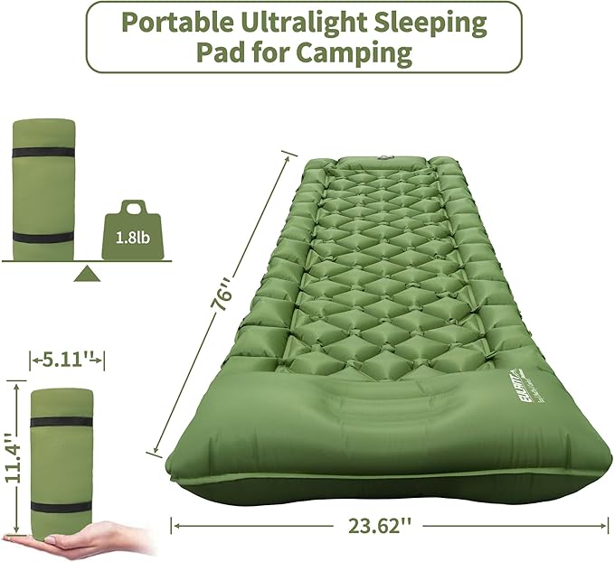 Single Sleeping Pad for Camping, Ultralight Inflatable Sleeping Mat with Pillow and Built-in Foot Pump, Portable Camping Mattress for Tent, Backpacking, Hiking, Traveling (Single,Green)