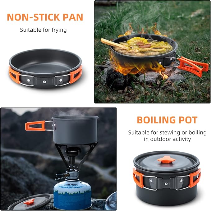 LIXADA 16pcs Camping Cookware Mess Kit, Non-Stick Lightweight Pot Pan Kettle Set with Stainless Steel Plates Forks Knives Spoons, Portable Camping Cooking Set for Outdoor Backpacking Hiking Picnic