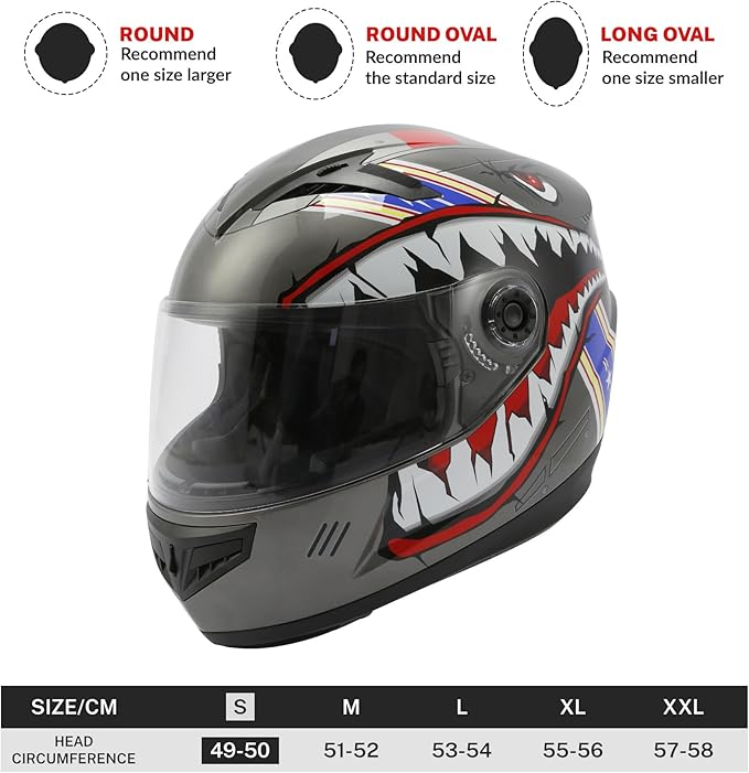 TCT-MOTORPARTS DOT Youth Kids Helmet Motocross ATV Full Face Helmets for Offroad Street Dirt Bike Go-Kart BMX MX Gray Shark Mouth Small