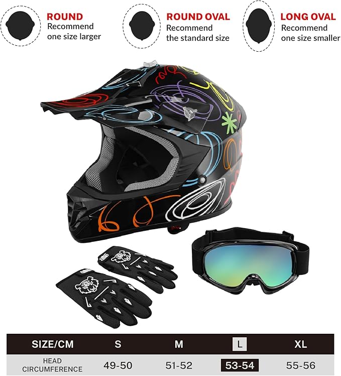 TCT-MOTORPARTS DOT Youth Kids Motocross ATV Helmets Offroad Street Dirt Bike Go-Kart BMX MX Full Face Helmet Black w/Graffiti Large Size
